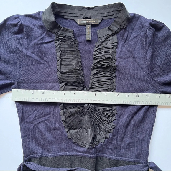 BCBG MaxAzria Blue Black Dress Ruffle V Neck Silk Knit Sweater Dark Academia XXS - Picture 8 of 14